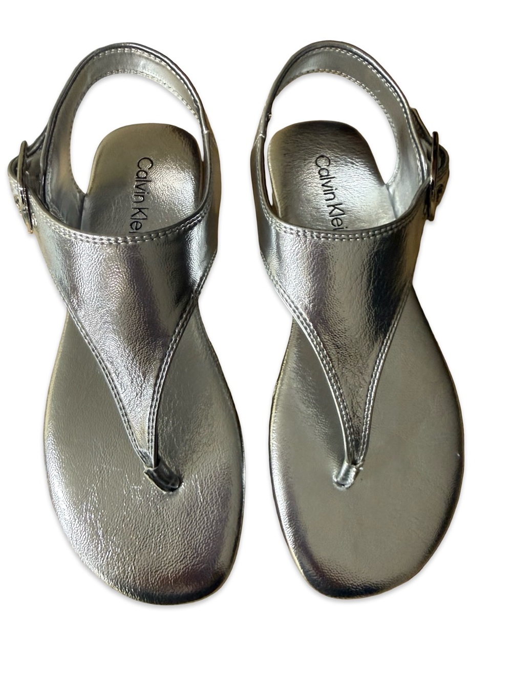 Calvin Klein Silver Metallic T-Strap Sandals for Women